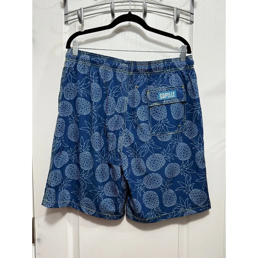 Capelle Hybrid Swim Trunks Mens M Blue Pineapple‎ Print Yellow Drawstring lined